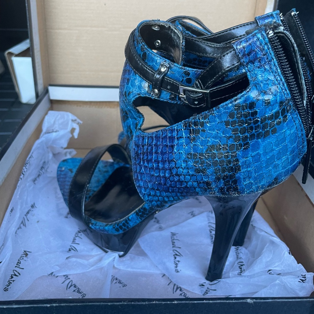 Blue silver and black sandals